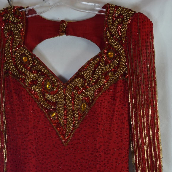 100% Silk Beaded/Sequins Red Long Sleeve Dress SZ 6 - Picture 4 of 5
